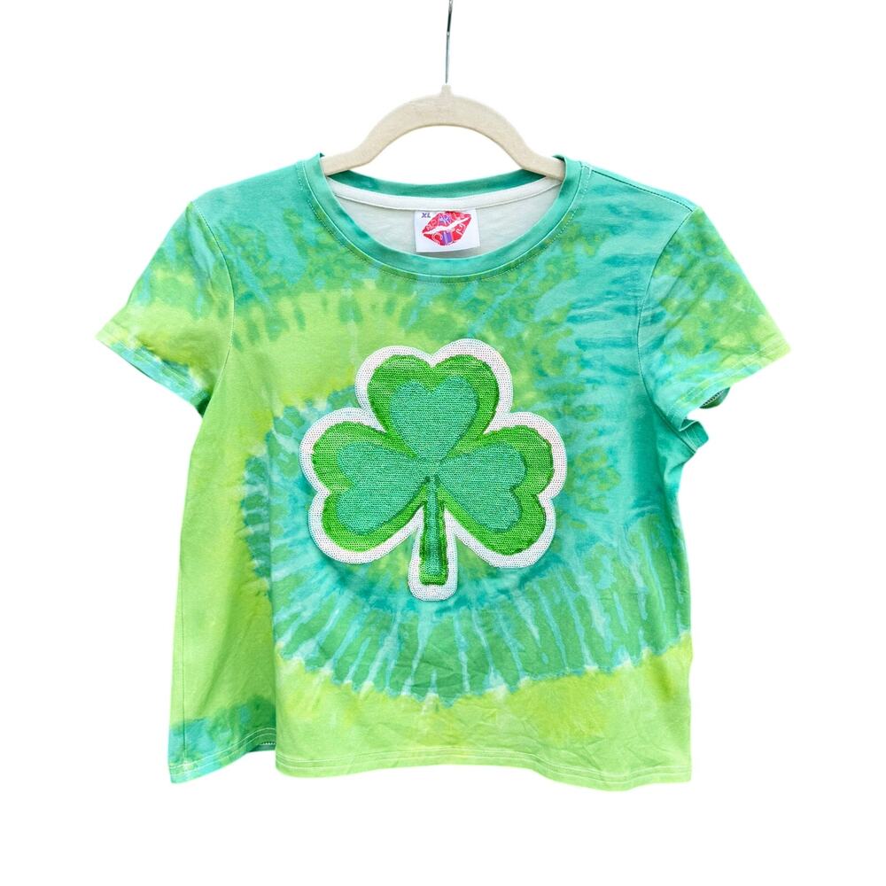 Sparkle City Green Clover Sequin Embellished Tie Dye Tee T-Shirt XL